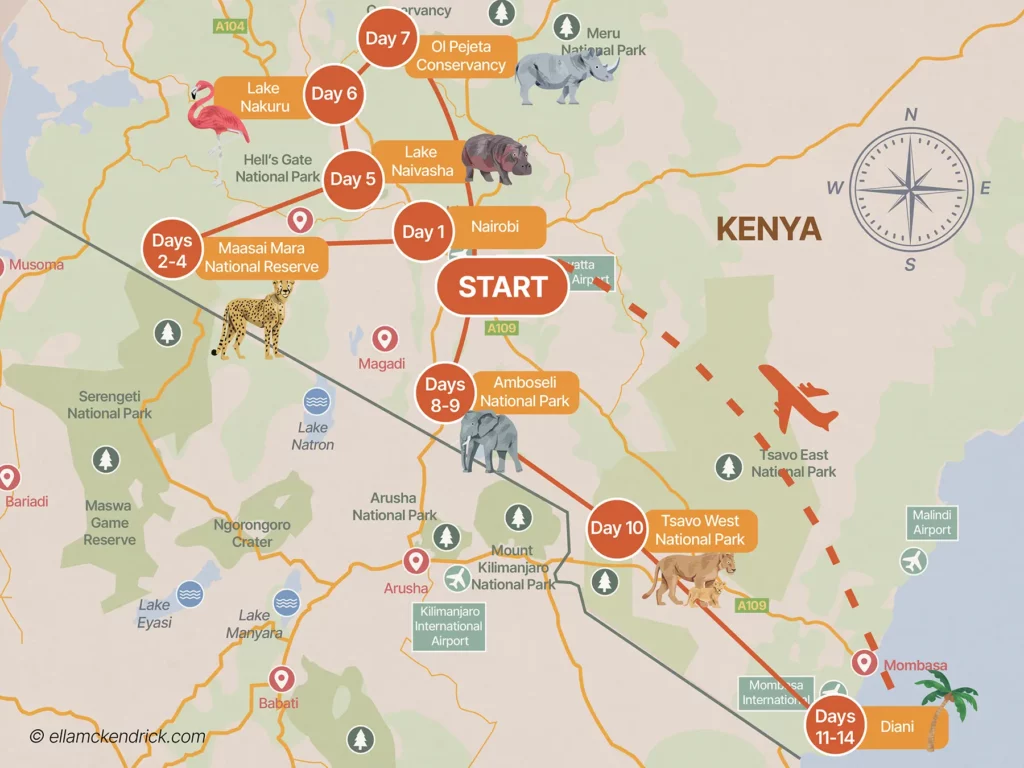 kenya safari itinerary map